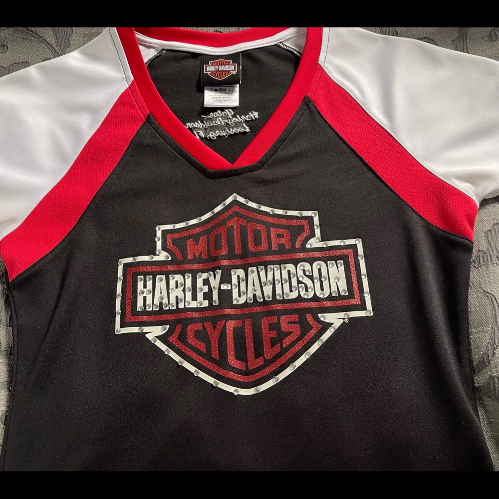 Harley-Davidson V-neck polyester tee with bling. Back of shirt is plain.